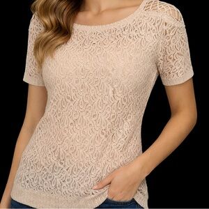 Chico's Taupe Open-Knit Crew Neck Sweater